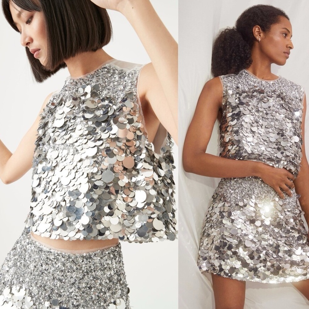 Aje Celeste Sequin Shell Top & Cherie Mini Skirt Set in Silver